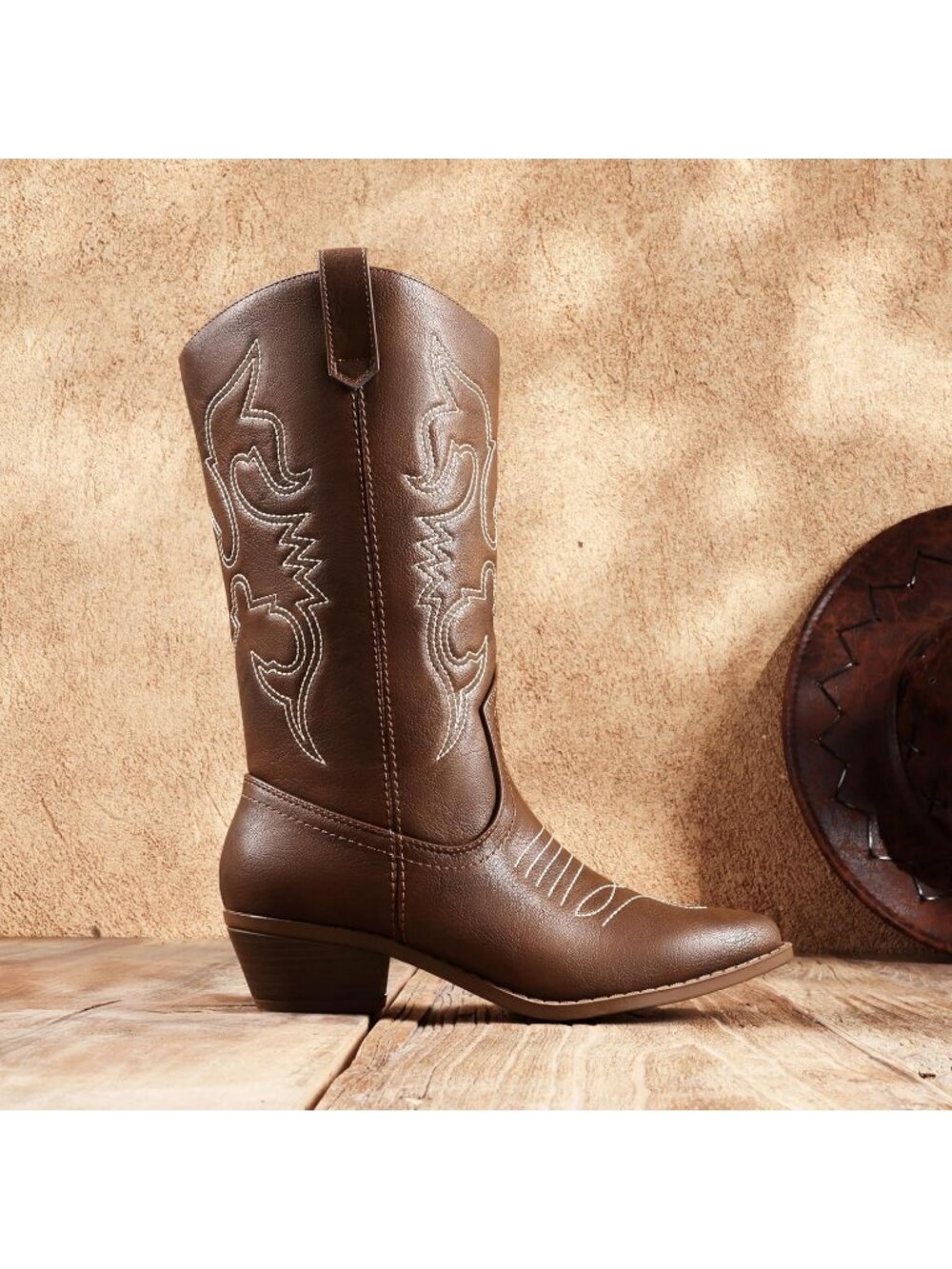 Women's Brown Faux Leather Mid Calf Classic Comfort Boots - Picture 3 of 6